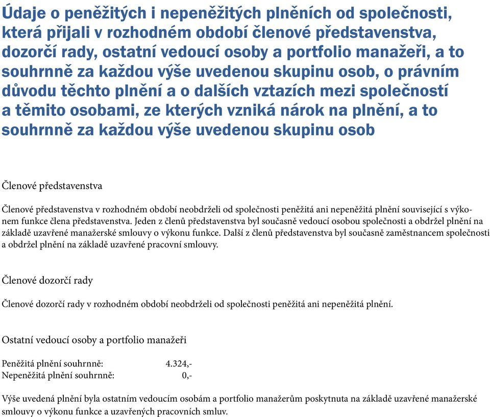 osob Členové představenstva Členové představenstva v rozhodném období neobdrželi od společnosti peněžitá ani nepeněžitá plnění související s výkonem funkce člena představenstva.