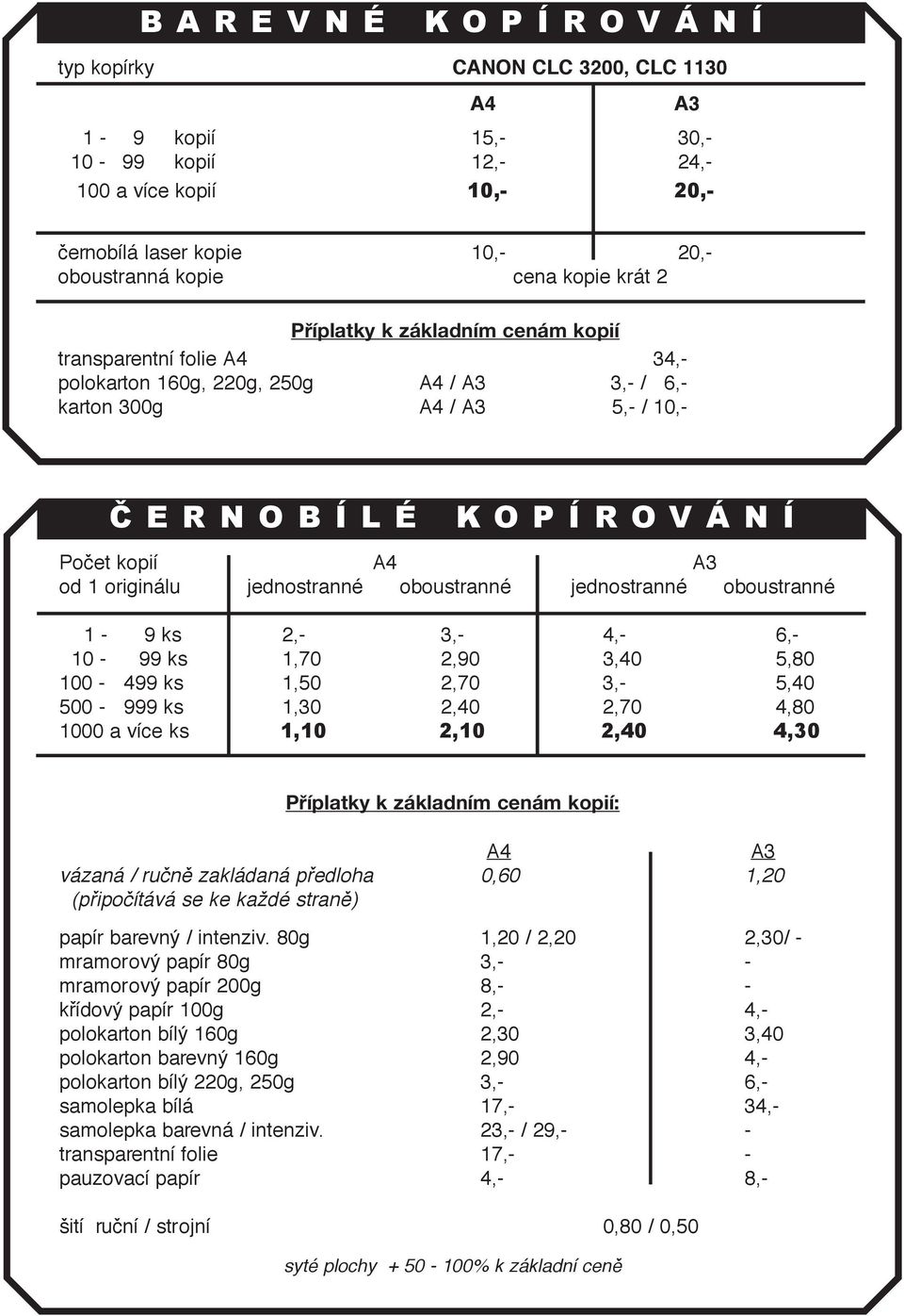 oboustranné jednostranné oboustranné 1-9 ks 2,- 3,- 4,- 6,- 10-99 ks 1,70 2,90 3,40 5,80 100-499 ks 1,50 2,70 3,- 5,40 500-999 ks 1,30 2,40 2,70 4,80 1000 a více ks 1,10 2,10 2,40 4,30 Příplatky k