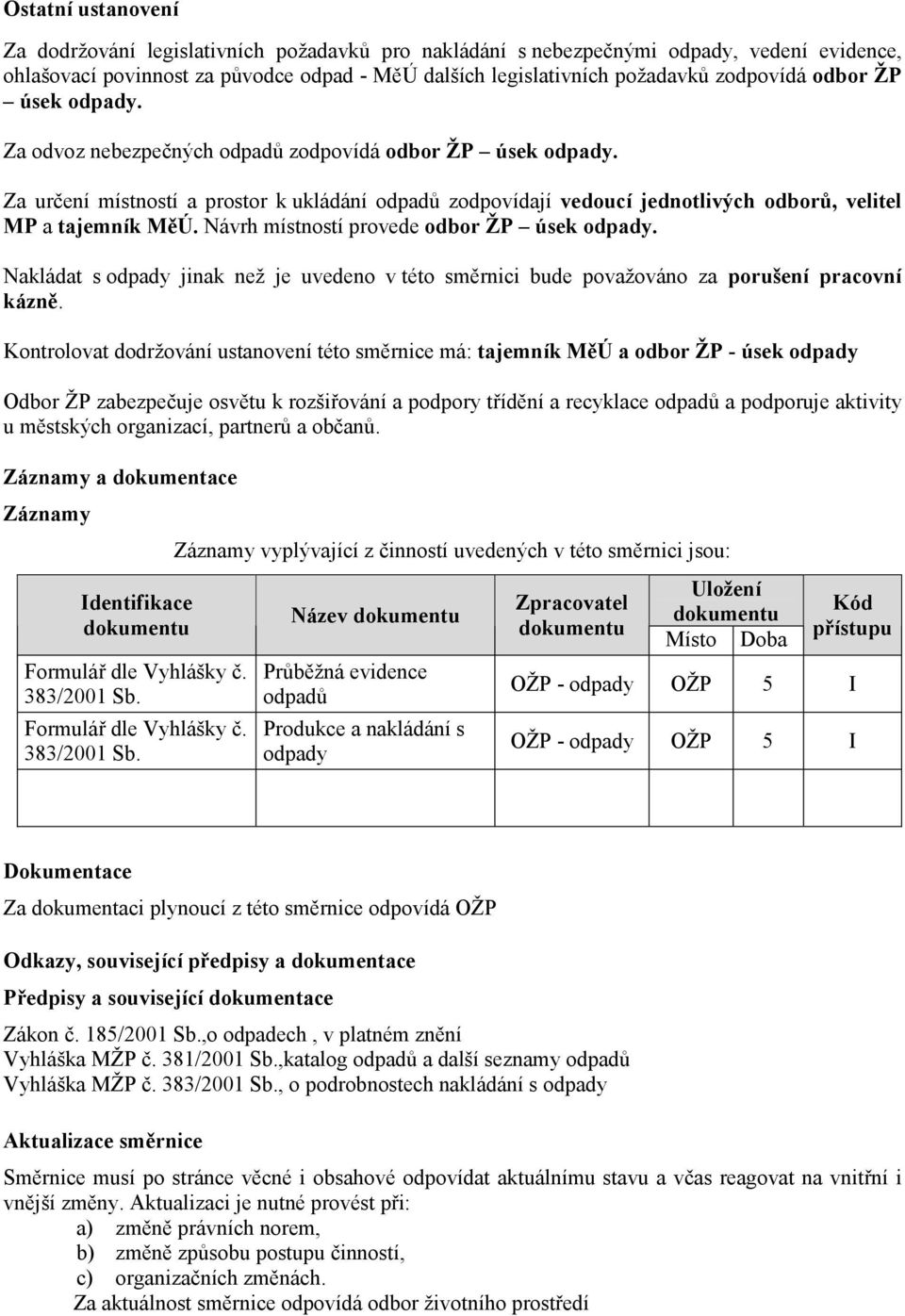 Návrh místností provede odbor ŽP úsek odpady. Nakládat s odpady jinak než je uvedeno v této směrnici bude považováno za porušení pracovní kázně.