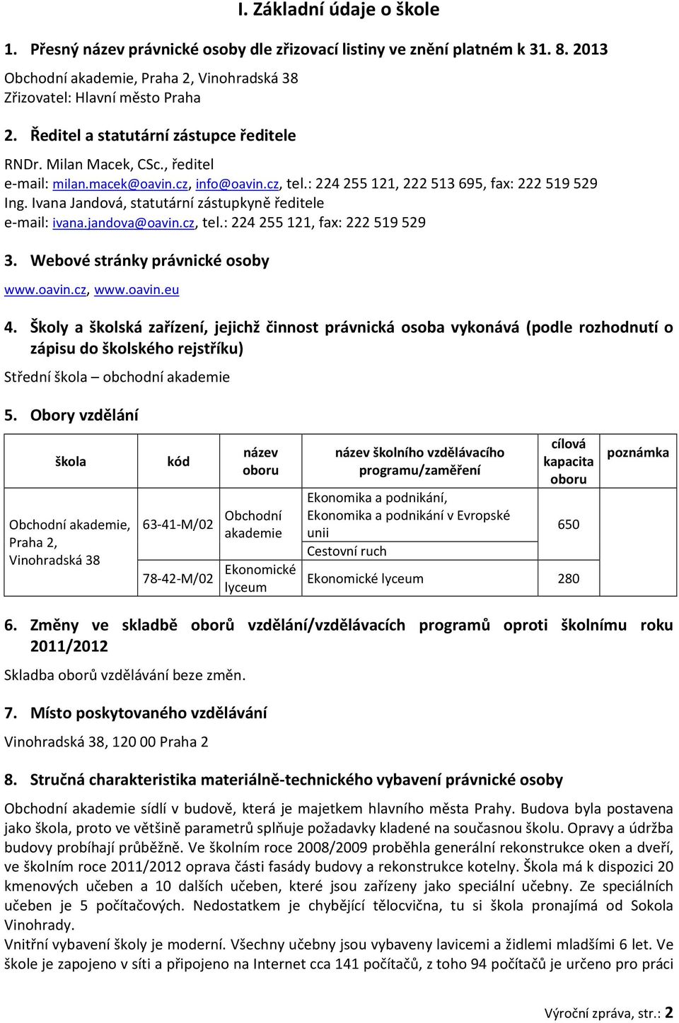 Ivana Jandová, statutární zástupkyně ředitele e-mail: ivana.jandova@oavin.cz, tel.: 224 255 121, fax: 222 519 529 3. Webové stránky právnické osoby www.oavin.cz, www.oavin.eu 4.