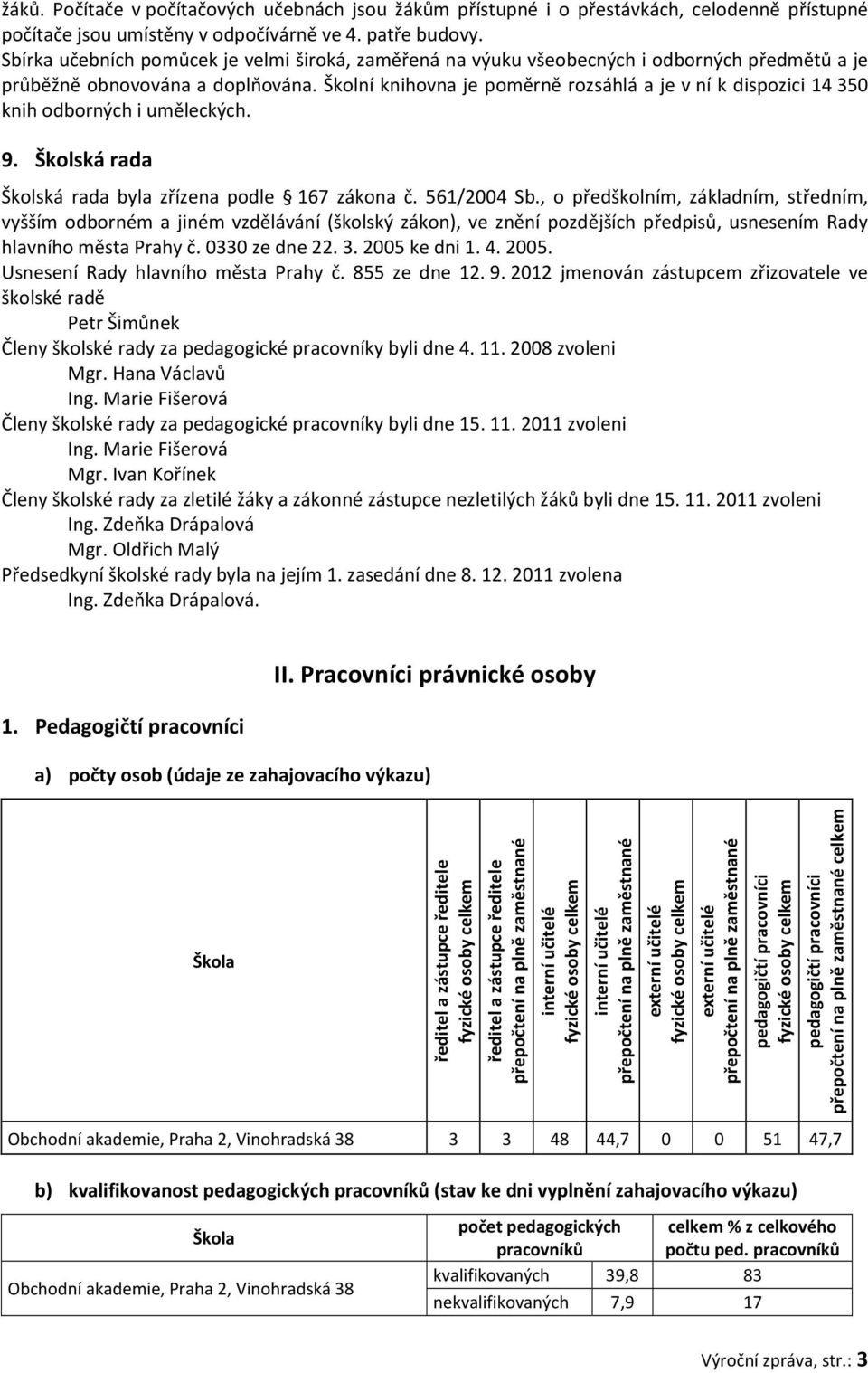 Školní knihovna je poměrně rozsáhlá a je v ní k dispozici 14 350 knih odborných i uměleckých. 9. Školská rada Školská rada byla zřízena podle 167 zákona č. 561/2004 Sb.