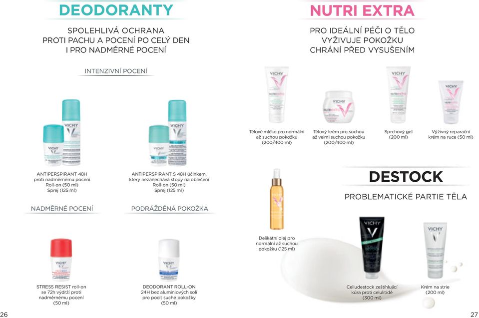 Roll-on (50 ml) Sprej (125 ml) NADMĚRNÉ POCENÍ ANTIPERSPIRANT S 48H účinkem, který nezanechává stopy na oblečení Roll-on (50 ml) Sprej (125 ml) PODRÁŽDĚNÁ POKOŽKA DESTOCK PROBLEMATICKÉ PARTIE TĚLA
