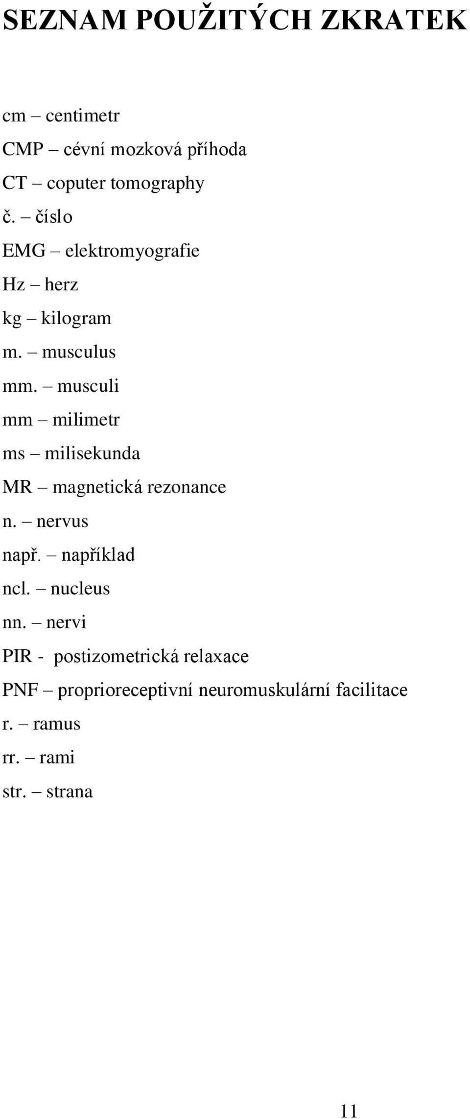 musculi mm milimetr ms milisekunda MR magnetická rezonance n. nervus např. například ncl.