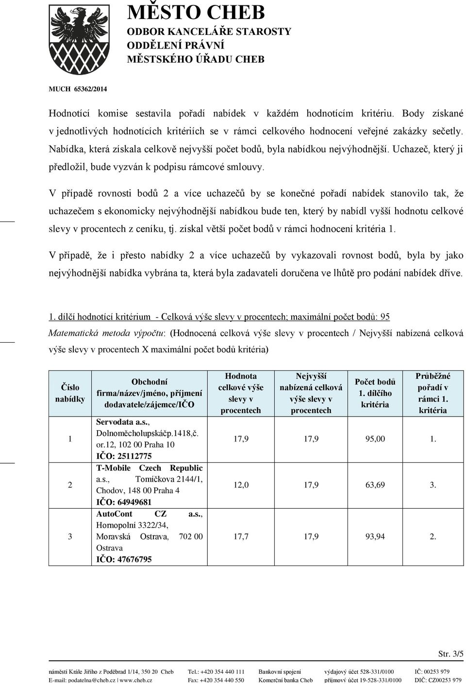 V případě rovnosti bodů 2 a více uchazečů by se konečné pořadí nabídek stanovilo tak, že uchazečem s ekonomicky nejvýhodnější nabídkou bude ten, který by nabídl vyšší hodnotu celkové slevy v