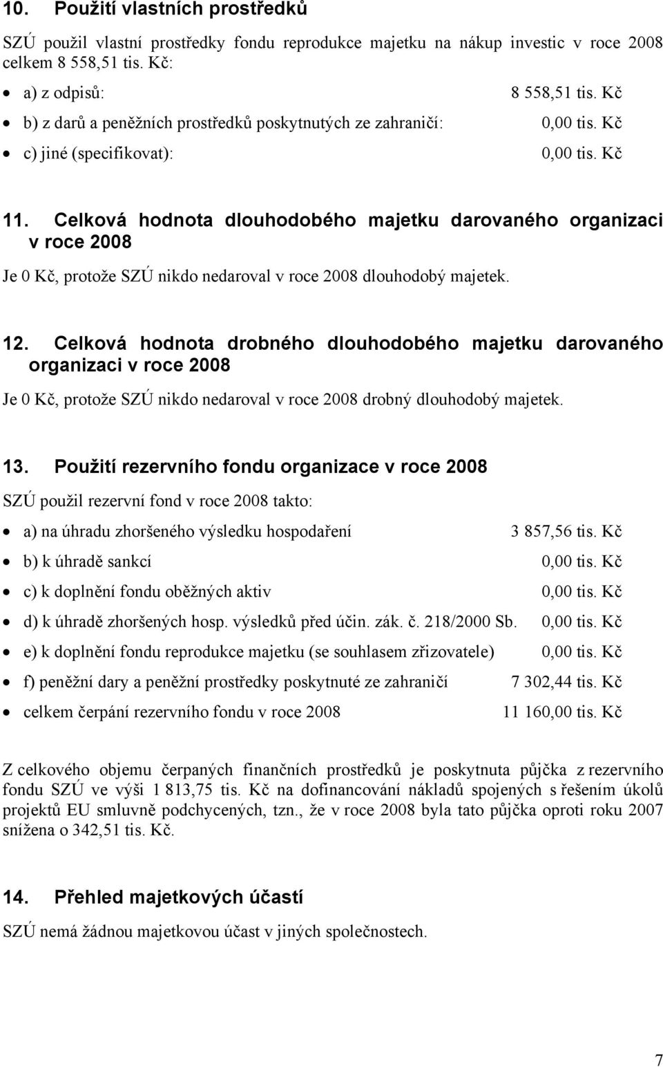 Celková hodnota dlouhodobého majetku darovaného organizaci v roce 2008 Je 0 Kč, protože SZÚ nikdo nedaroval v roce 2008 dlouhodobý majetek. 12.