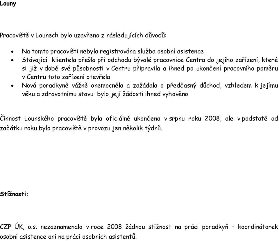 předčasný důchod, vzhledem k jejímu věku a zdravotnímu stavu bylo její žádosti ihned vyhověno Činnost Lounského pracoviště byla oficiálně ukončena v srpnu roku 2008, ale v podstatě od začátku