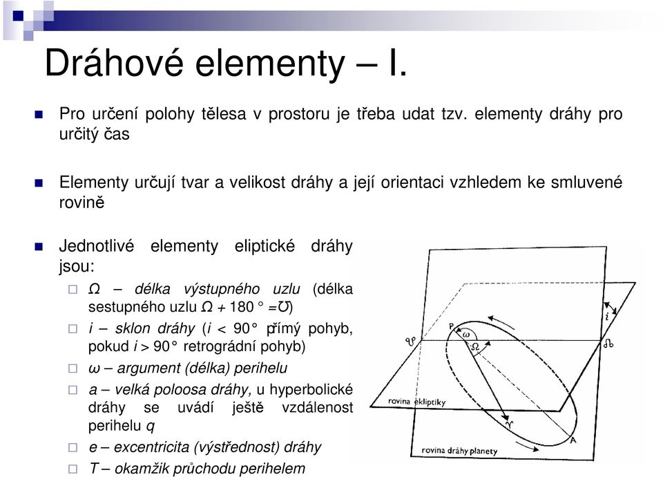 eliptické dráhy jsou: Ω délka výstupného uzlu (délka sestupného uzlu Ω + 180 = Ʊ) i sklon dráhy (i < 90 přímý pohyb, pokud i > 90