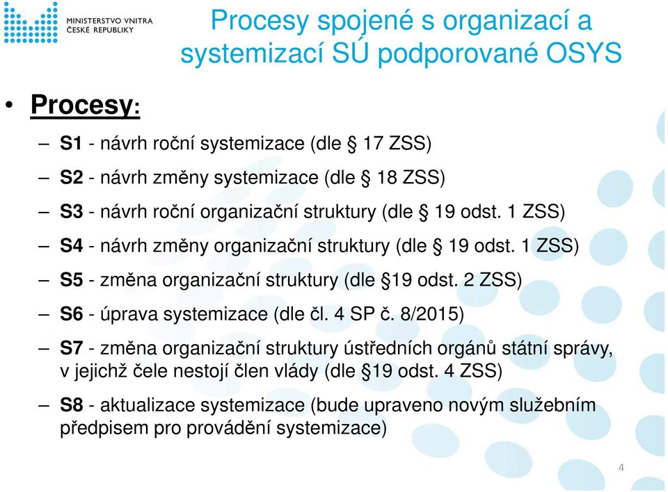 1 ZSS) S5 - změna organizační struktury (dle 19 odst. 2 ZSS) S6 - úprava systemizace (dle čl. 4 SP č.