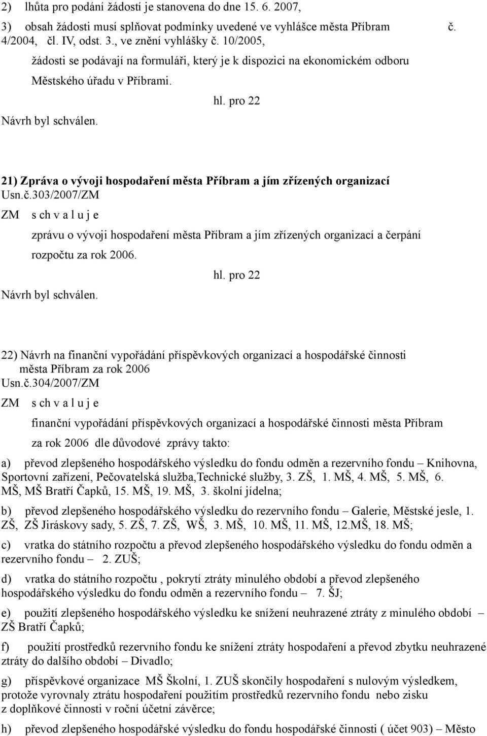 303/2007/ZM zprávu o vývoji hospodaření města Příbram a jím zřízených organizací a čerpání rozpočtu za rok 2006.