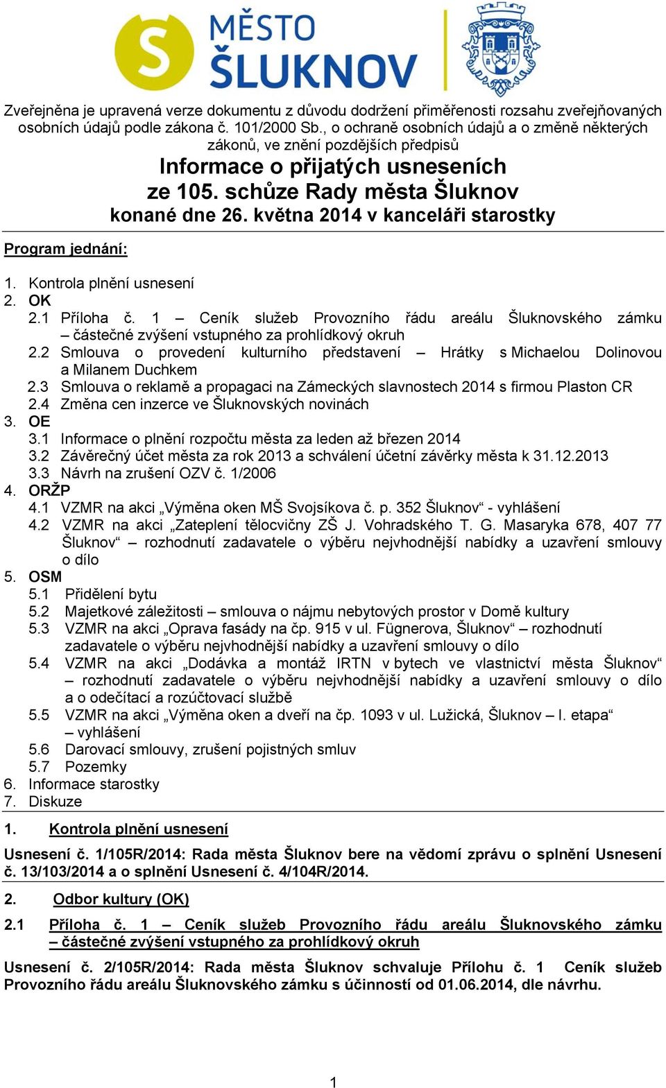 května 2014 v kanceláři starostky Program jednání: 1. Kontrola plnění usnesení 2. OK 2.1 Příloha č.