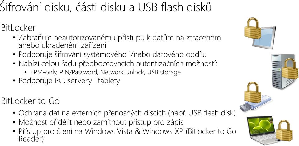 PIN/Password, Network Unlock, USB storage Podporuje PC, servery i tablety BitLocker to Go Ochrana dat na externích přenosných discích