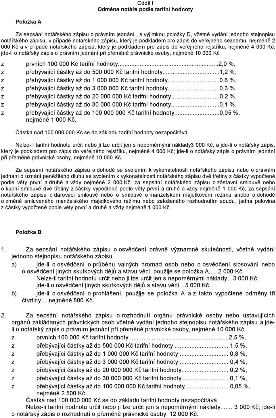 zápis o právním jednání při přeměně právnické osoby, nejméně 10 000 Kč z prvních 100 000 Kč tarifní hodnoty...2,0 %, z přebývající částky až do 500 000 Kč tarifní hodnoty.