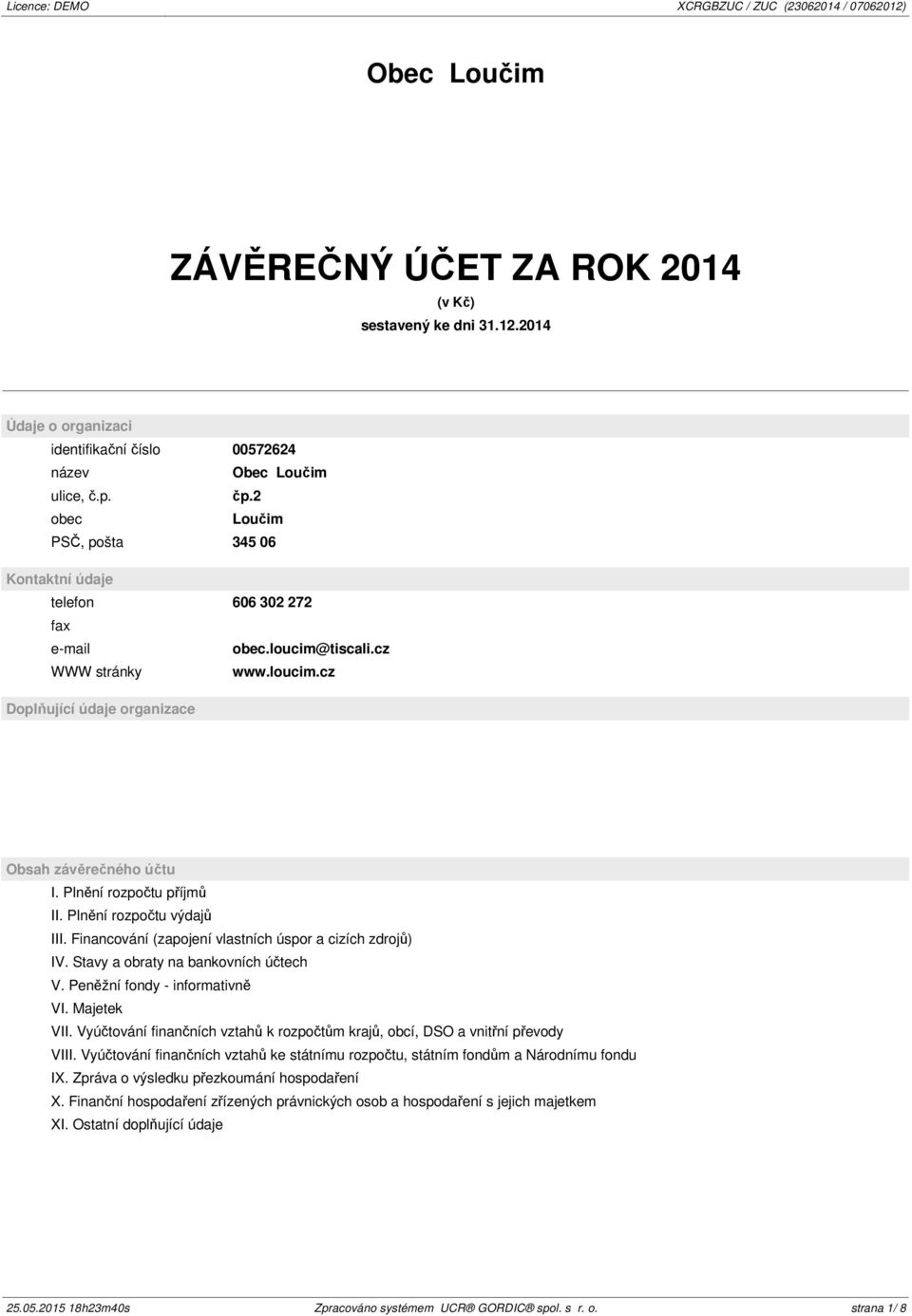 Plnění rozpočtu příjmů II. Plnění rozpočtu výdajů III. Financování (zapojení vlastních úspor a cizích zdrojů) IV. Stavy a obraty na bankovních účtech V. Peněžní fondy - informativně VI. Majetek VII.