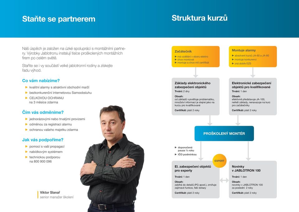 Začátečník a má vzdělání v oboru elektro a chce montovat a montuje a chce mít certifikát Montuje alarmy a absolvent kurzů JA-60 a JA-80 a montuje konkurenci a zná dobře EZS Co vám nabízíme?