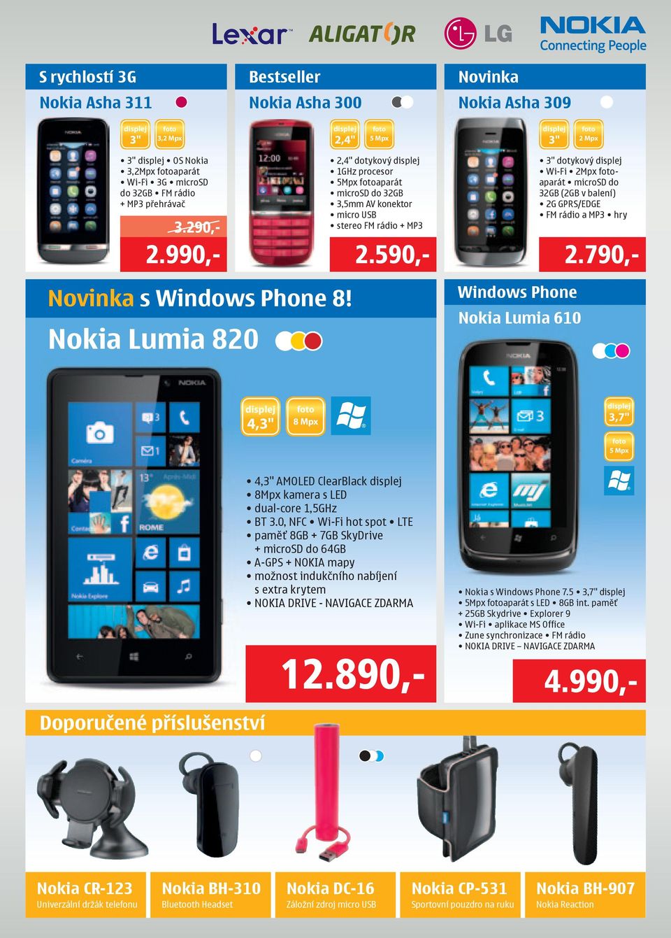 990,- 2.590,- 2.790,- Novinka s Windows Phone 8! Nokia Lumia 820 Windows Phone Nokia Lumia 610 4,3" 3,7" 4,3" AMOLED ClearBlack 8Mpx kamera s LED dual-core 1,5GHz BT 3.