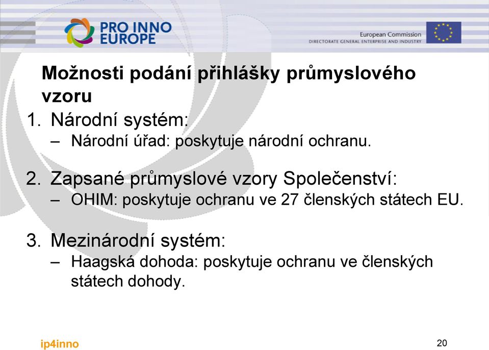 Zapsané průmyslové vzory Společenství: OHIM: poskytuje ochranu ve 27