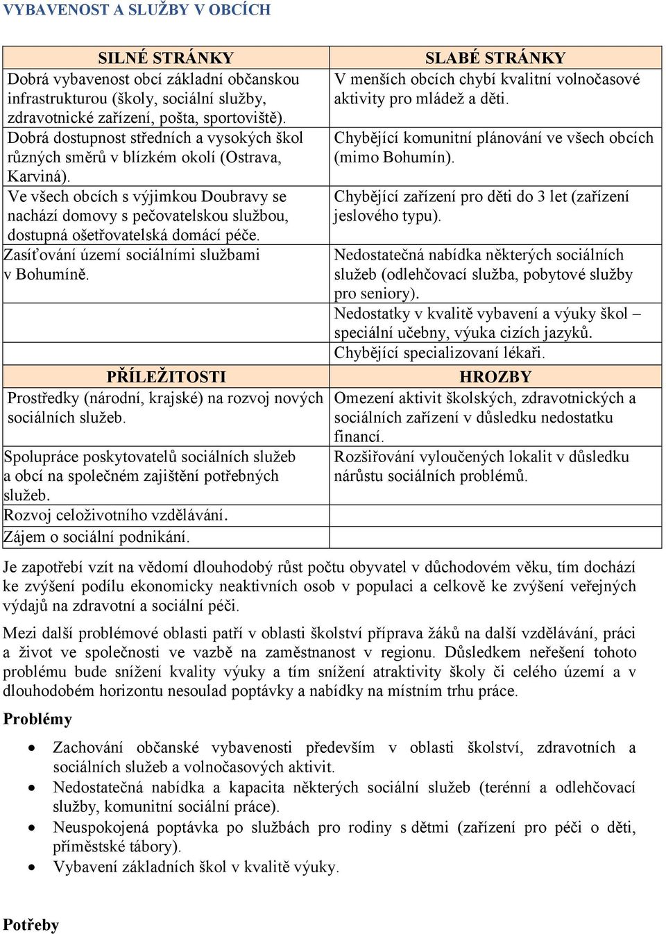 Ve všech obcích s výjimkou Doubravy se nachází domovy s pečovatelskou službou, dostupná ošetřovatelská domácí péče. Zasíťování území sociálními službami v Bohumíně.