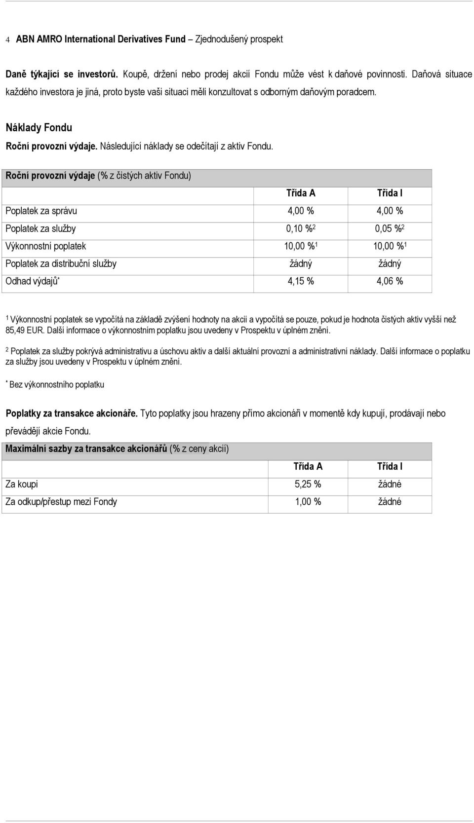 Roční provozní výdaje (% z čistých aktiv Fondu) Poplatek za správu 4,00 % 4,00 % Poplatek za služby 0,10 % 2 0,05 % 2 Výkonnostní poplatek 10,00 % 1 10,00 % 1 Poplatek za distribuční služby žádný