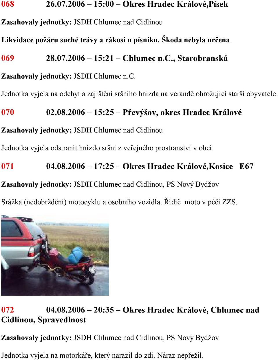 2006 15:25 Převýšov, okres Hradec Jednotka vyjela odstranit hnízdo sršní z veřejného prostranství v obci. 071 04.08.