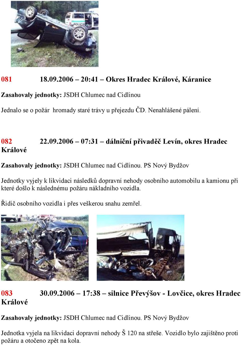 vozidla. Řidič osobního vozidla i přes veškerou snahu zemřel. 083 30.09.2006 17:38 silnice Převýšov - Lovčice, okres Hradec.