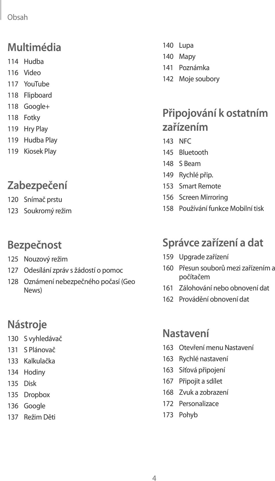 153 Smart Remote 156 Screen Mirroring 158 Používání funkce Mobilní tisk Bezpečnost 125 Nouzový režim 127 Odesílání zpráv s žádostí o pomoc 128 Oznámení nebezpečného počasí (Geo News) Nástroje 130 S