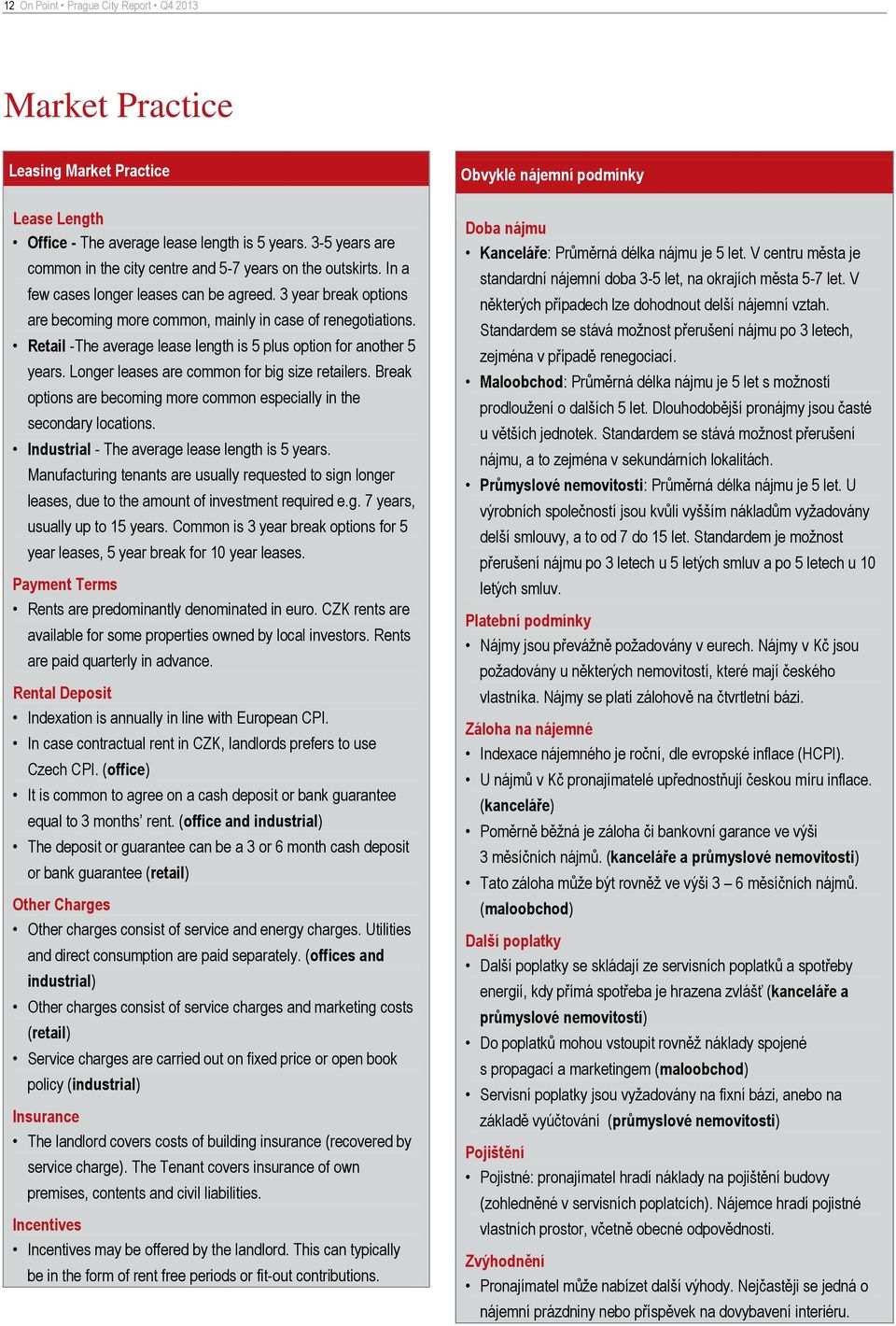 Retail -The average lease length is 5 plus option for another 5 years. Longer leases are common for big size retailers. Break options are becoming more common especially in the secondary locations.