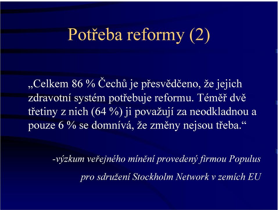 Téměř dvě třetiny z nich (64 %) ji považují za neodkladnou a pouze 6 % se