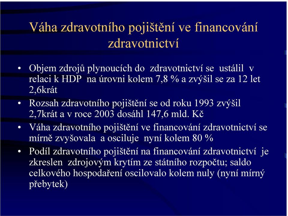 Kč Váha zdravotního pojištění ve financování zdravotnictví se mírně zvyšovala a osciluje nyní kolem 80 % Podíl zdravotního pojištění na