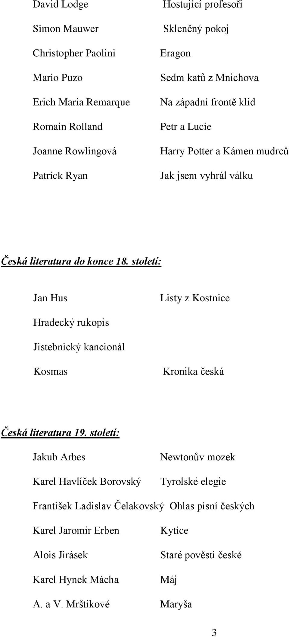 století: Jan Hus Listy z Kostnice Hradecký rukopis Jistebnický kancionál Kosmas Kronika česká Česká literatura 19.