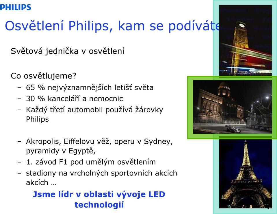 žárovky Philips Akropolis, Eiffelovu věž, operu v Sydney, pyramidy v Egyptě, 1.