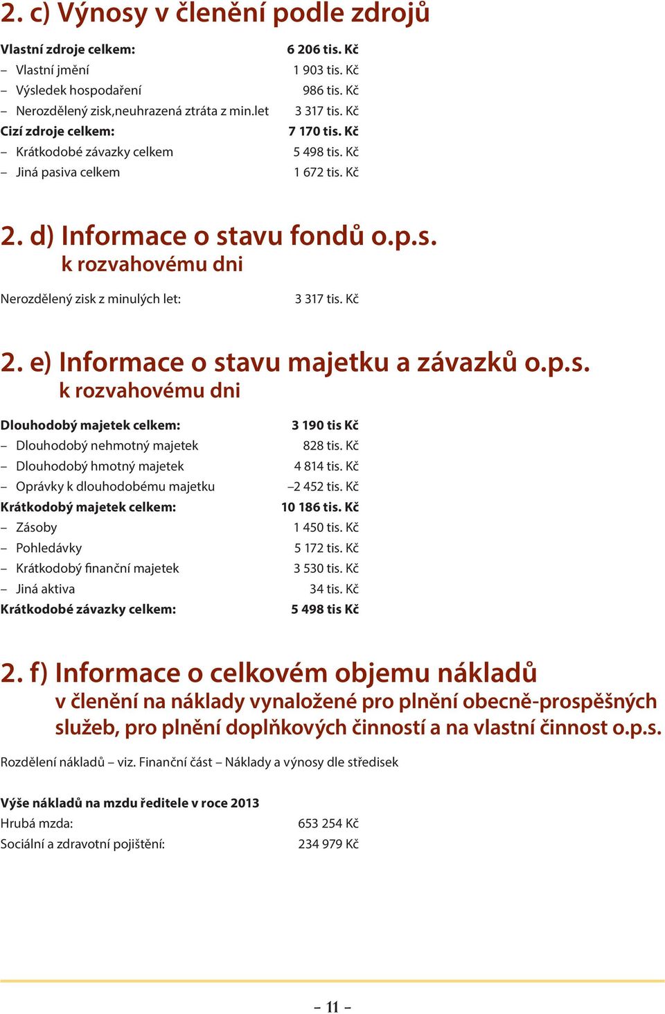 Kč 2. e) Informace o stavu majetku a závazků o.p.s. k rozvahovému dni Dlouhodobý majetek celkem: 3 190 tis Kč Dlouhodobý nehmotný majetek 828 tis. Kč Dlouhodobý hmotný majetek 4 814 tis.