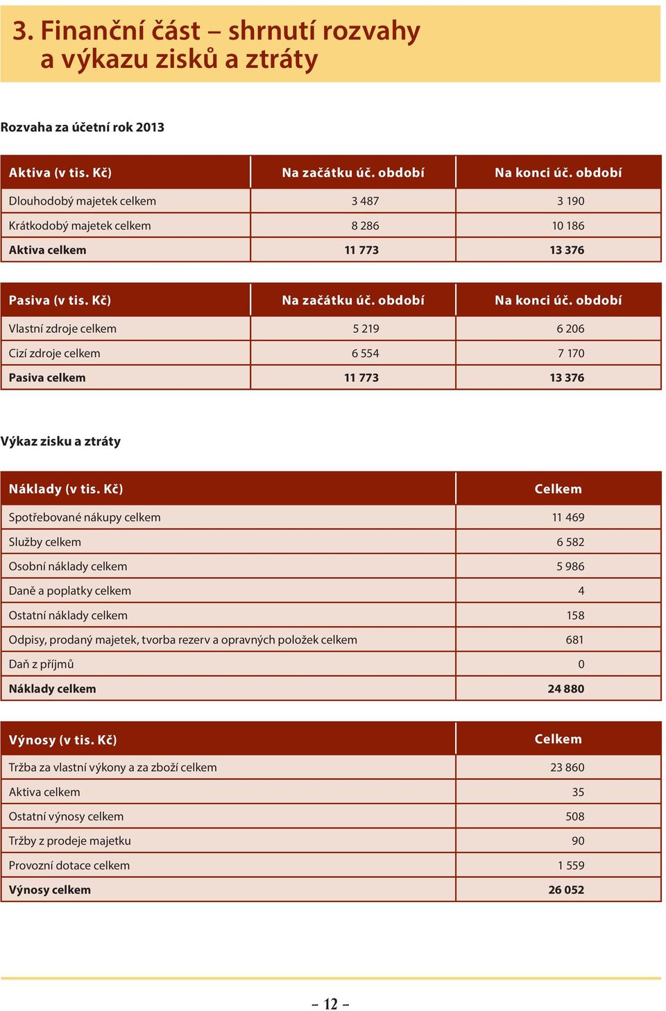 období Vlastní zdroje celkem 5 219 6 206 Cizí zdroje celkem 6 554 7 170 Pasiva celkem 11 773 13 376 Výkaz zisku a ztráty Náklady (v tis.