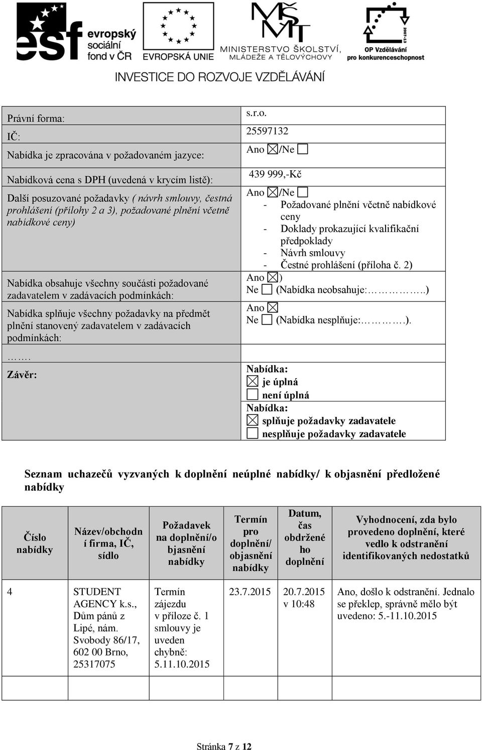 podmínkách:. Závěr: s.r.o. 25597132 /Ne 439 999,-Kč /Ne - Požadované plnění včetně nabídkové ceny - Doklady prokazující kvalifikační předpoklady - Návrh smlouvy - Čestné prohlášení (příloha č.