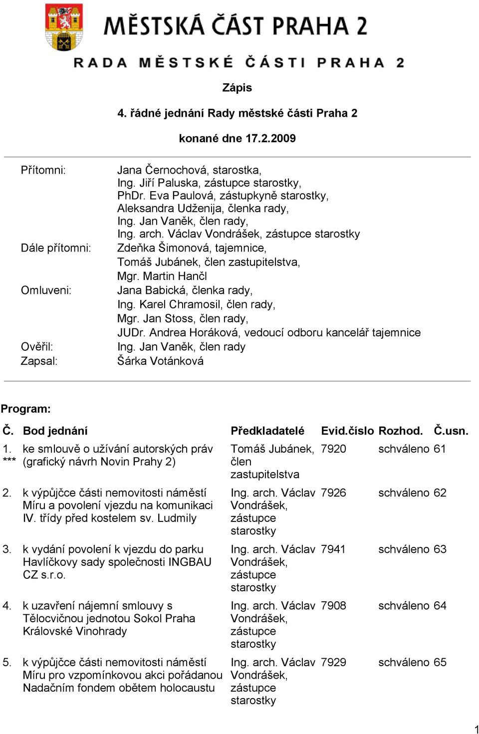Václav Vondrášek, zástupce starostky Zdeňka Šimonová, tajemnice, Tomáš Jubánek, člen zastupitelstva, Mgr. Martin Hančl Jana Babická, členka rady, Ing. Karel Chramosil, člen rady, Mgr.