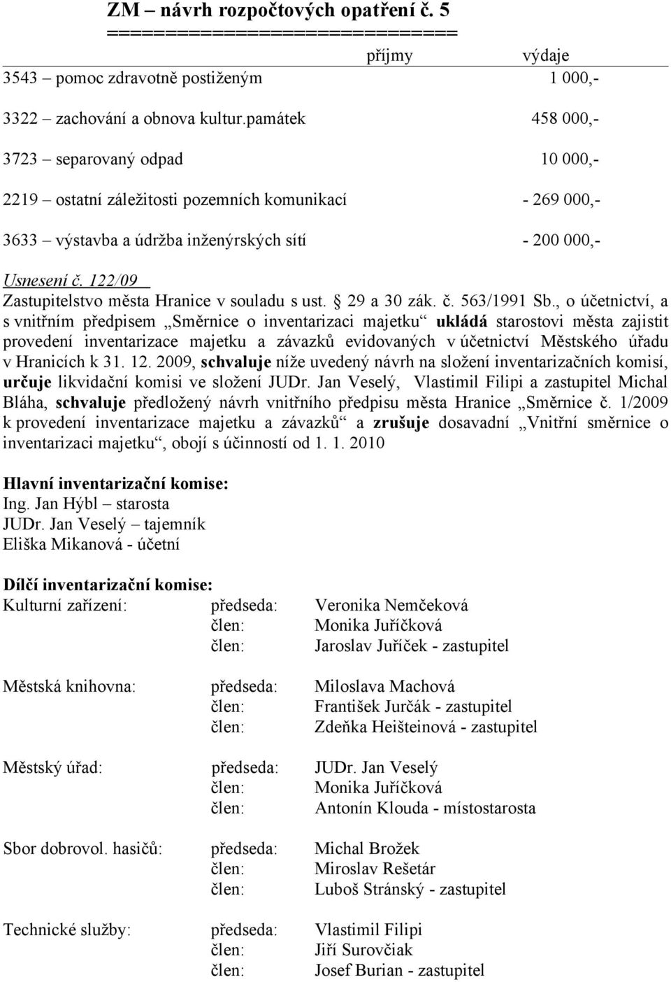 122/09 Zastupitelstvo města Hranice v souladu s ust. 29 a 30 zák. č. 563/1991 Sb.