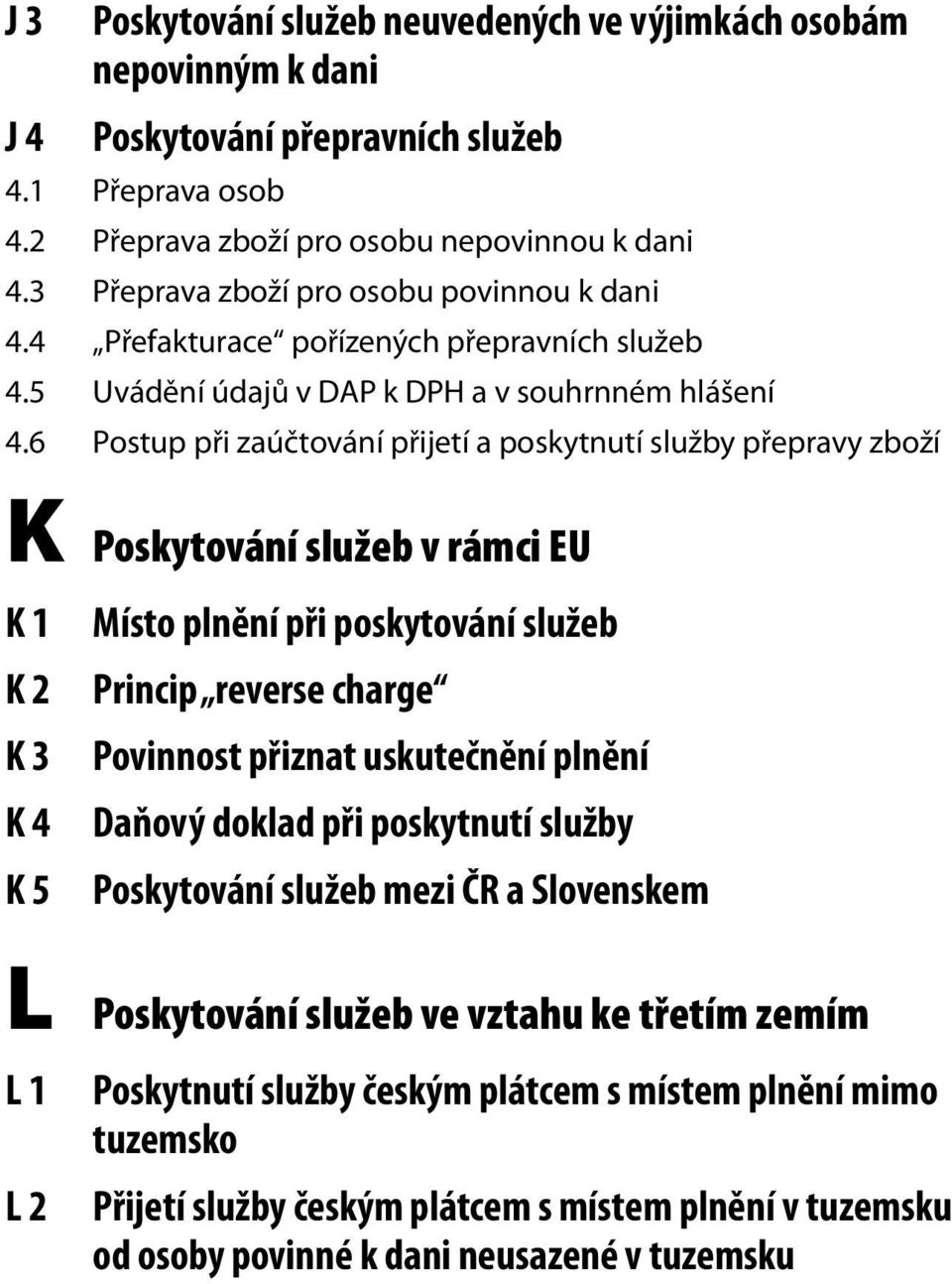 6 Postup při zaúčtování přijetí a poskytnutí služby přepravy zboží K Poskytování služeb v rámci EU K 1 Místo plnění při poskytování služeb K 2 Princip reverse charge K 3 Povinnost přiznat uskutečnění