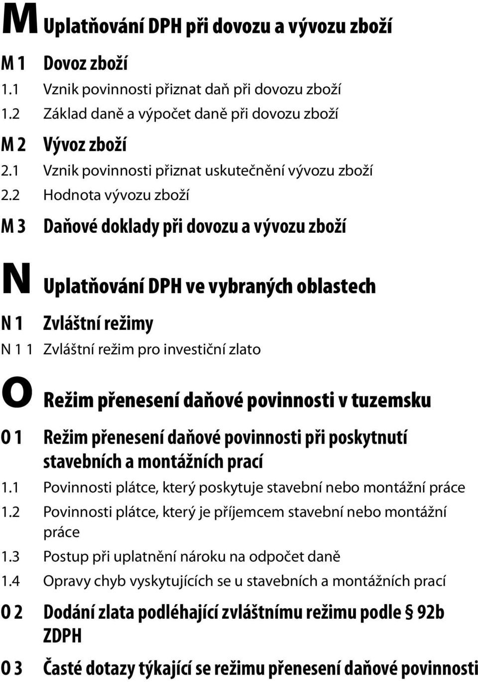 2 Hodnota vývozu zboží M 3 Daňové doklady při dovozu a vývozu zboží N Uplatňování DPH ve vybraných oblastech N 1 Zvláštní režimy N 1 1 Zvláštní režim pro investiční zlato O Režim přenesení daňové