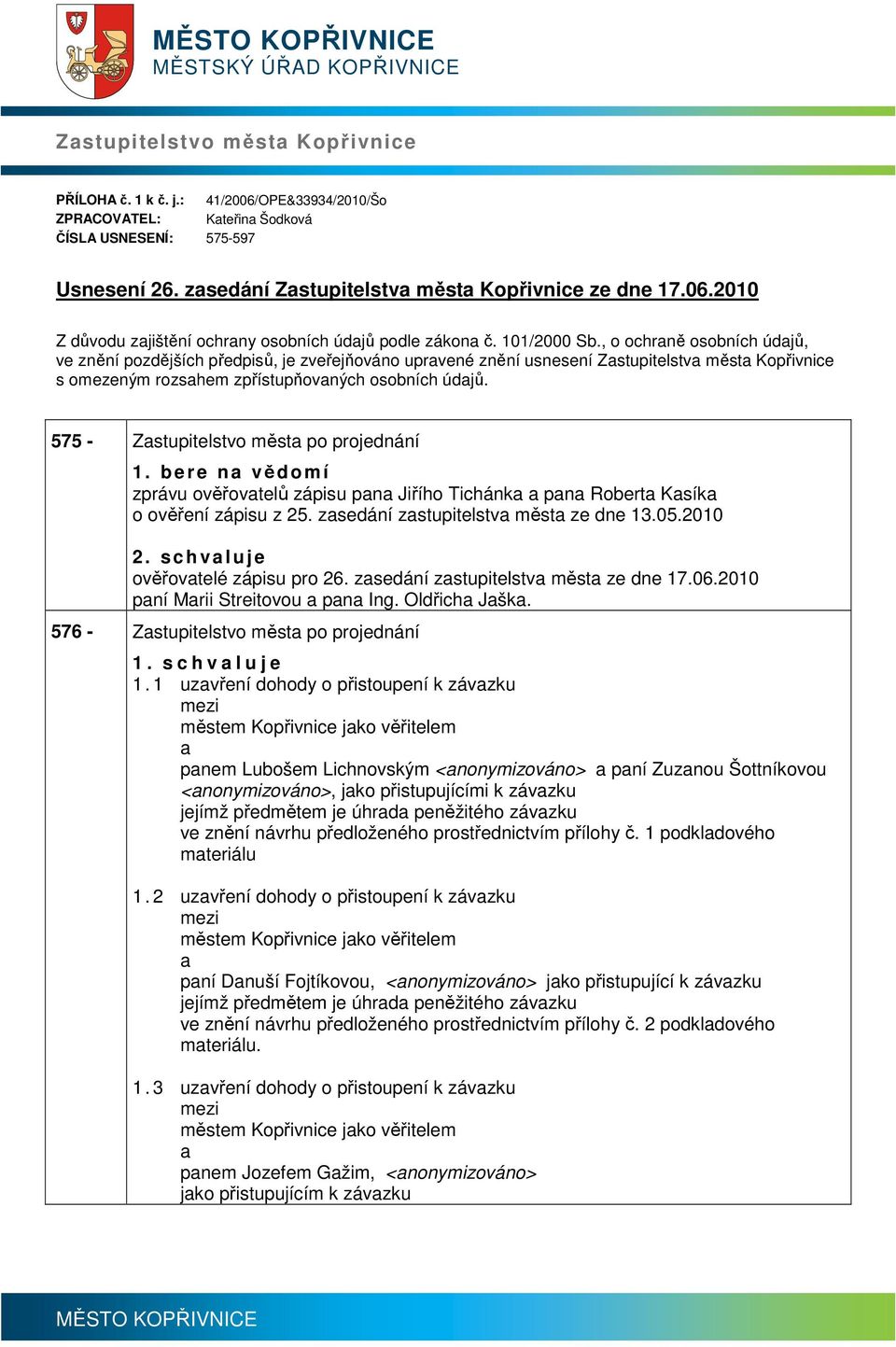 , o ochrně osobních údjů, ve znění pozdějších předpisů, je zveřejňováno uprvené znění usnesení Zstupitelstv měst Kopřivnice s omezeným rozshem zpřístupňovných osobních údjů.