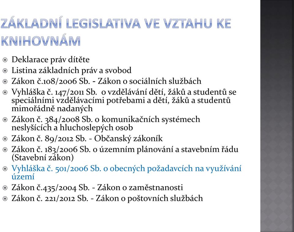 o komunikačních systémech neslyšících a hluchoslepých osob Zákon č. 89/2012 Sb. - Občanský zákoník Zákon č. 183/2006 Sb.