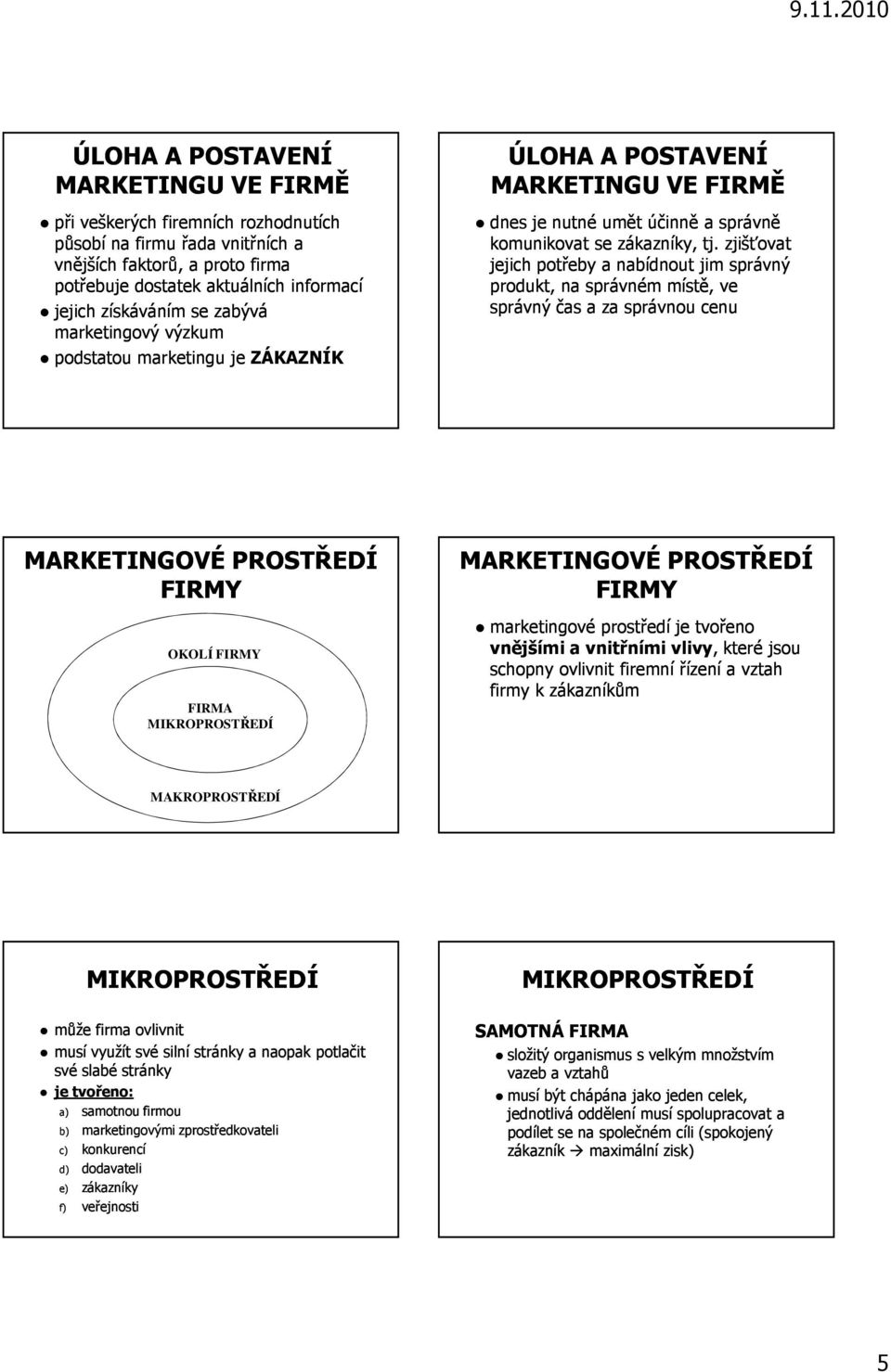 zjišťovat jejich potřeby a nabídnout jim správný produkt, na správném místě, ve správný čas a za správnou cenu MARKETINGOVÉ PROSTŘEDÍ FIRMY OKOLÍ FIRMY FIRMA MARKETINGOVÉ PROSTŘEDÍ FIRMY marketingové