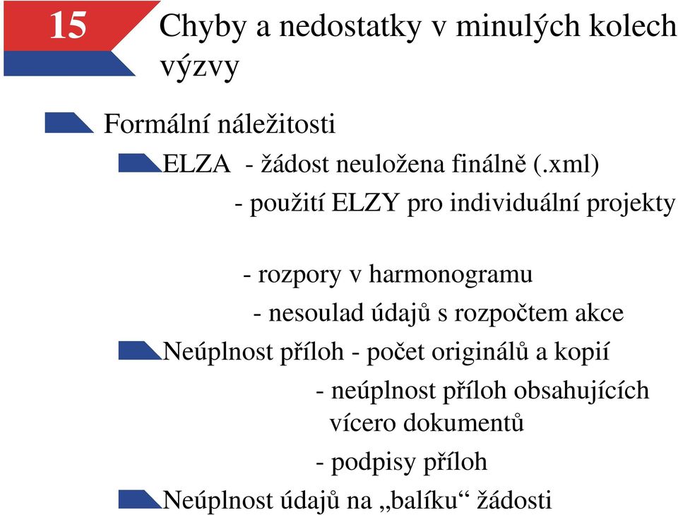 xml) - použití ELZY pro individuální projekty - rozpory v harmonogramu - nesoulad