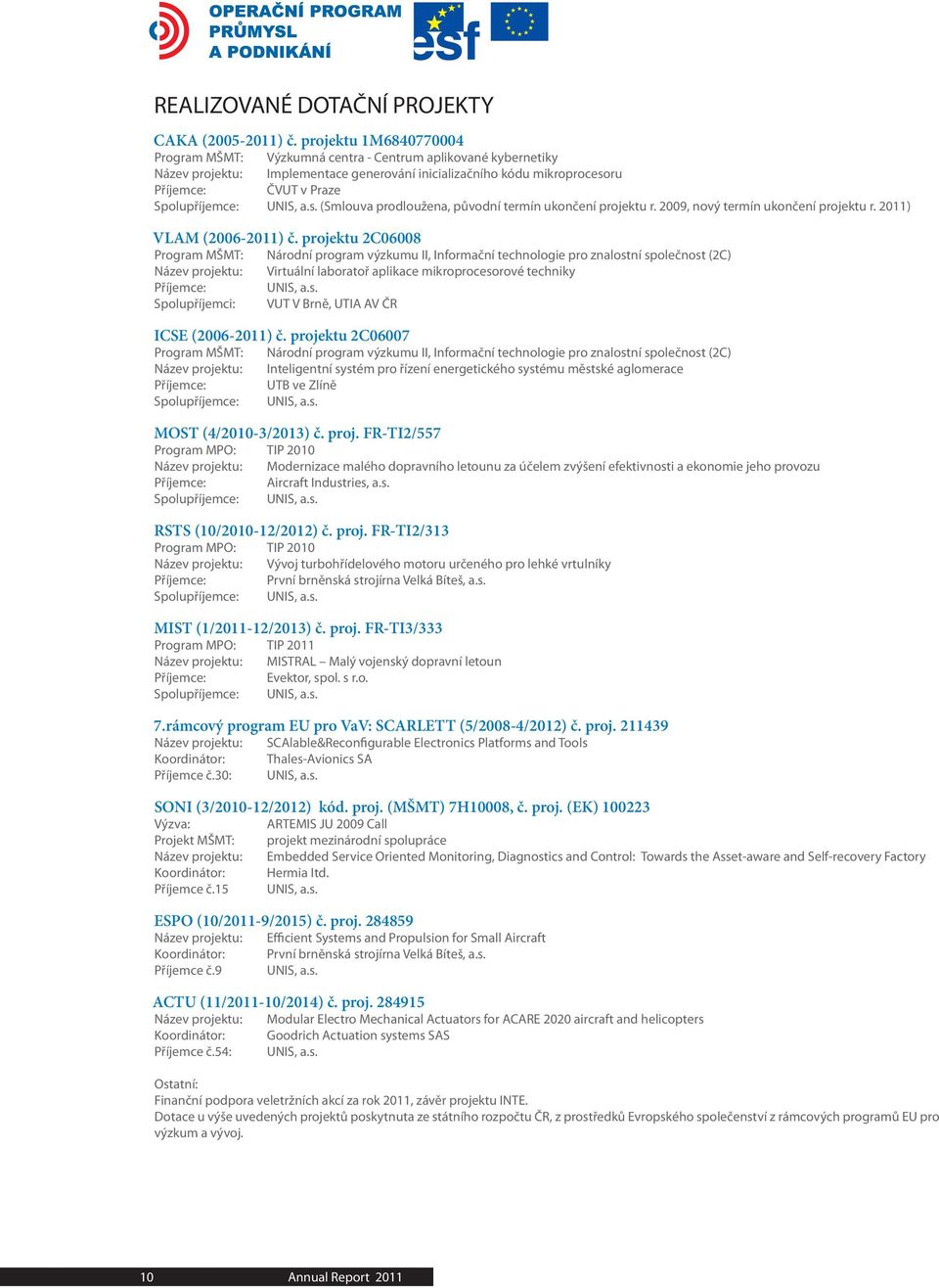 UNIS, a.s. (Smlouva prodloužena, původní termín ukončení projektu r. 2009, nový termín ukončení projektu r. 2011) VLAM (2006-2011) č.