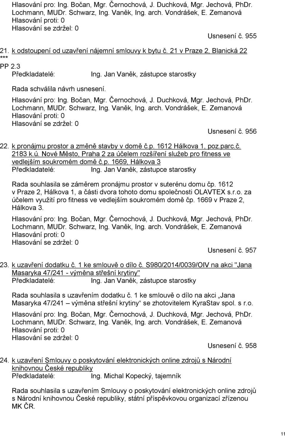 Jan Vaněk, zástupce starostky Rada schválila návrh usnesení.  Zemanová Hlasování proti: 0 Hlasování se zdržel: 0 Usnesení č. 956 22. k pronájmu prostor a změně stavby v domě č.p. 1612 Hálkova 1, poz.