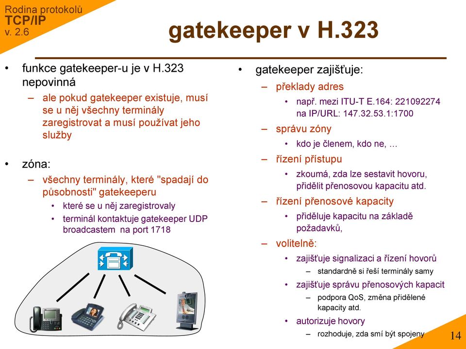 něj zaregistrovaly terminál kontaktuje gatekeeper UDP broadcastem na port 1718 gatekeeper zajišťuje: překlady adres např. mezi ITU-T E.164: 221092274 na IP/URL: 147.32.53.