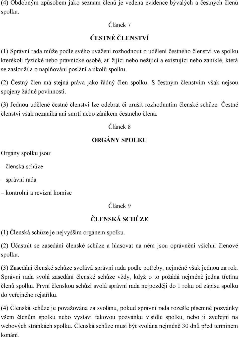 zaniklé, která se zasloužila o naplňování poslání a úkolů spolku. (2) Čestný člen má stejná práva jako řádný člen spolku. S čestným členstvím však nejsou spojeny žádné povinnosti.