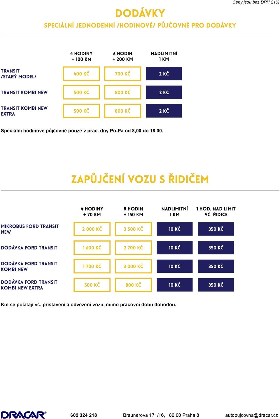 ZAPŮJČENÍ VOZU S ŘIDIČEM 4 hodiny + 70 km 8 hodin + 150 km nadlimitní 1 km 1 hod. nad limit vč.