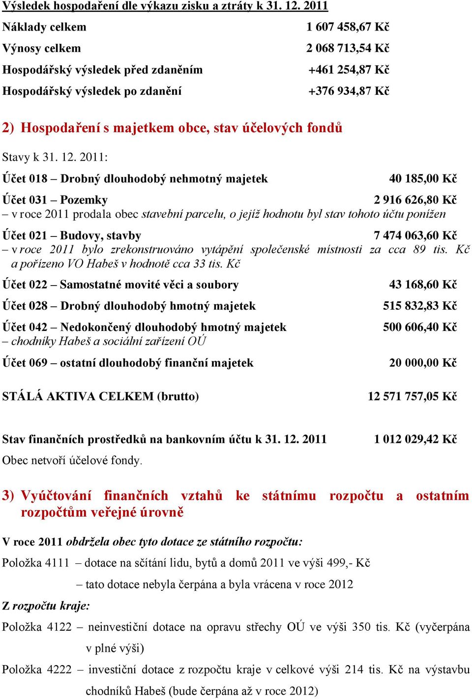 2011: Účet 018 Drobný dlouhodobý nehmotný majetek 1 607 458,67 Kč 2 068 713,54 Kč +461 254,87 Kč +376 934,87 Kč 40 185,00 Kč Účet 031 Pozemky 2 916 626,80 Kč v roce 2011 prodala obec stavební