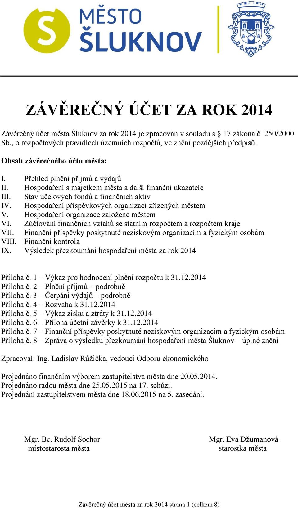 Hospodaření příspěvkových organizací zřízených městem V. Hospodaření organizace založené městem VI. Zúčtování finančních vztahů se státním rozpočtem a rozpočtem kraje VII.