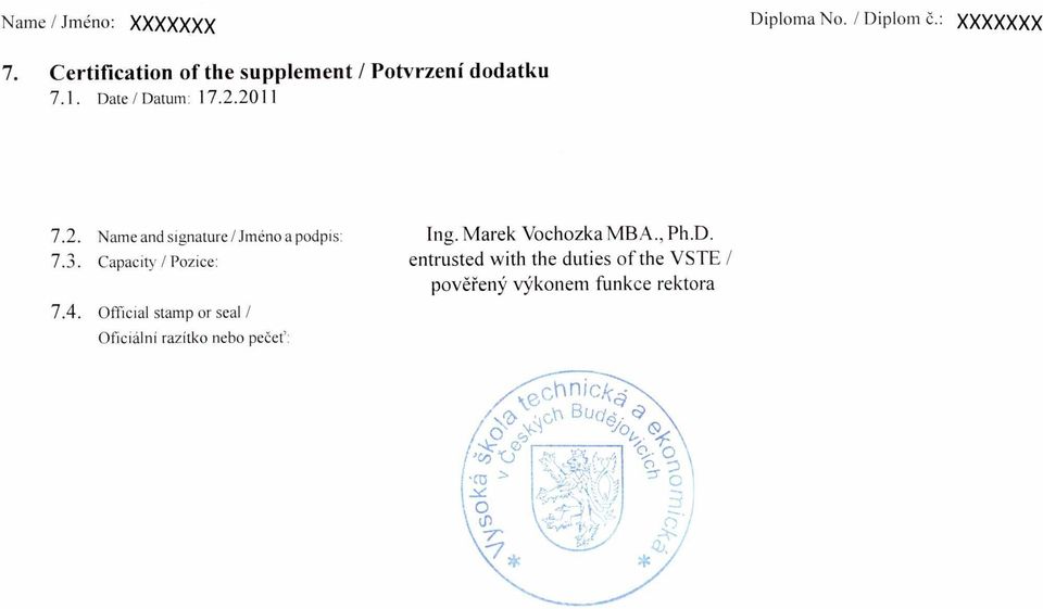 2011 7.2. Name and signature / Jmeno a podpis: Ing. Marek Vochozka MBA., Ph.D. 7.3.