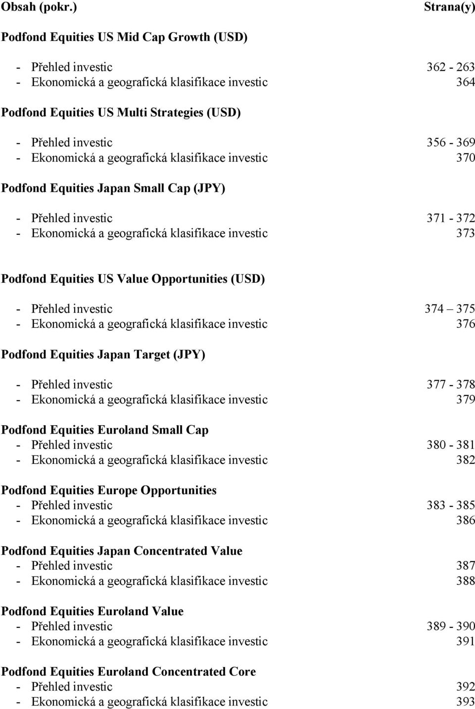 Ekonomická a geografická klasifikace investic 370 Podfond Equities Japan Small Cap () - Přehled investic 371-372 - Ekonomická a geografická klasifikace investic 373 Podfond Equities US Value